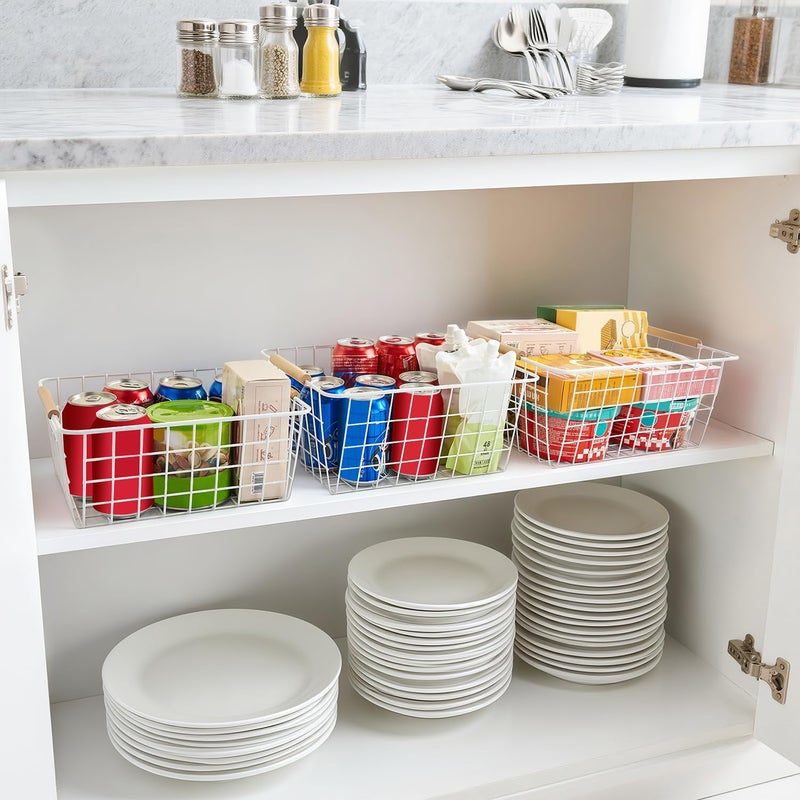 LeleCAT white wire baskets for organizing with Wooden Handles Storage Organizer Baskets, Household snack basket for Cabinets, Pantry, Closets, Bedrooms, pantry organizers and storage - Set of 2ï¼ˆWhiteï¼‰ - Image 4